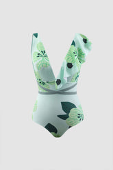 Traje de baño de una pieza con volantes y estampado floral