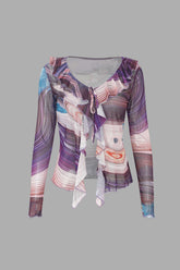 Abstract Ruffle Mesh Long Sleeve Top