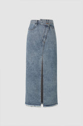 Falda vaquera midi asimétrica con abertura deshilachada