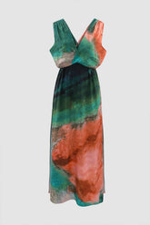 Abstract Print Deep V-neck Slit Midi Dress