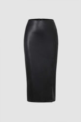 Faux Leather Side Slit Midi Skirt