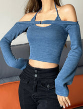 Tops cortos con hombros descubiertos y mangas halter de punto acanalado para