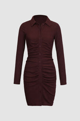 Brown Ruched Buttons Down Mini Dress