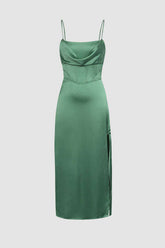 Vestido midi con abertura y bustier con cuello drapeado