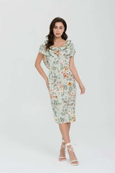 Geblümtes, schulterfreies Midikleid aus Satin