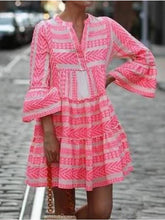 Vestido corto mini con vuelo, negro, azul, rosa, verde, manga 3/4, estampado geométrico, primavera-verano, escote en V, estilo bohemio, con puños acampanados, tallas S, M, L, XL, XXL, 3XL.