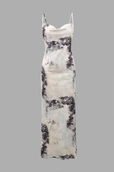 Abstract Print Cowl Neck Satin Slit Maxi Dress