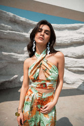 Abstract Print Halter Neck Satin Cami Top