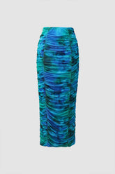 Falda midi con abertura y fruncido con estampado abstracto