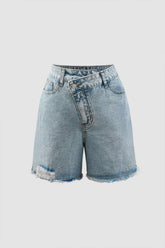 Asymmetric Waist Frayed Denim Shorts