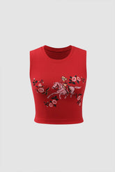 Flower & Cowgirl Graphic Cut-Out Tank Top