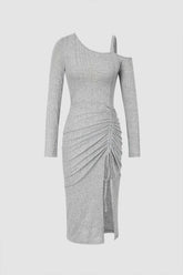 Asymmetric Drawstring Ruched Slit Midi Dress