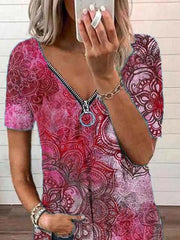 Camisas y tops casuales de cuello en V y manga corta con estampado