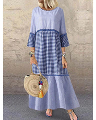 Vestido recto Maxi Vestido largo Manga larga Rayas Patchwork Verano Caliente Casual Algodón Negro Azul ML XL XXL 3XL 4XL 5XL