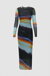Abstract Print Sheer Mesh Ruched Midi Dress
