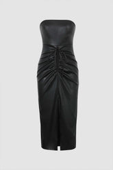 Leather Drawstring Ruched Slit Strapless Midi Dress