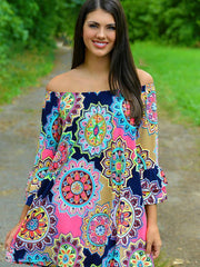 Vestido mini sexy con estampado floral, manga larga, hombros descubiertos y cuello redondo