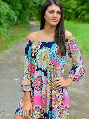 Vestido mini sexy con estampado floral, manga larga, hombros descubiertos y cuello redondo