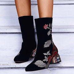 Botas de tacón grueso con cremallera y media pantorrilla bordadas con flores, cómodas, de talla grande para mujer
