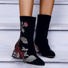 Botas de tacón grueso con cremallera y media pantorrilla bordadas con flores, cómodas, de talla grande para mujer