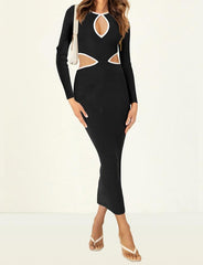 Vestido de punto calado con cuello redondo y manga larga en contraste de color