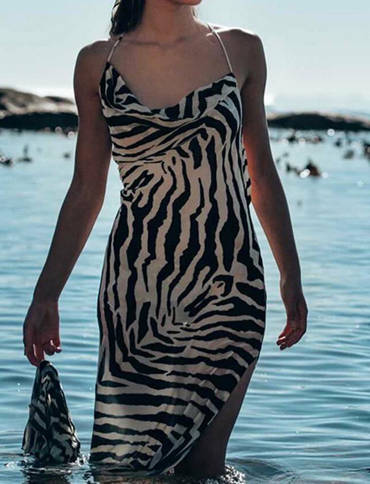 Slim Dress with Backless Sling Animal Print