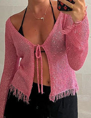 Sequins Frayed Trim Crochet Cardigan