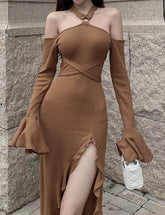 Ruffle Trim High Slit Midi Dress