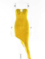 Vestido de fiesta con lentejuelas, sin tirantes y dobladillo irregular