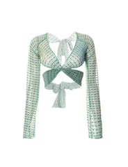 Top corto de manga larga con nudo en la espalda y lentejuelas cruzadas