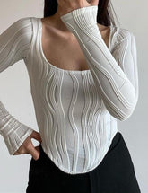 Simple Pleated U-neck Slim-fit Long-sleeved Top