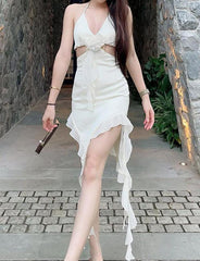 Ruffled Ribbon Strap Hollow Out Slim Spice Girl Dress