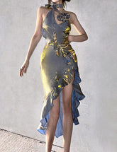 Reflective Fabric Flower Halter Neck Backless Ruffle Dress