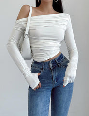 Ruched Irregular Shoulder Long Sleeve Crop Top