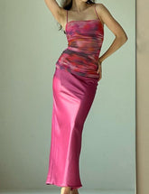 Retro Holiday Style Floral Strap Backless Color Block Dress