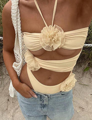 Flower Decor Cutout Halter Neck Bodysuit