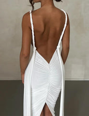 Deep V Backless Pleated Slit Long Party Dress