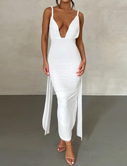 Deep V Backless Pleated Slit Long Party Dress