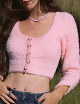 Suéter retro rosa de cintura alta, corto, ajustado, de manga larga