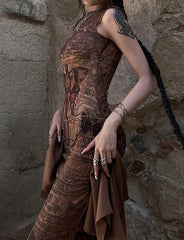 Vestido de cuello redondo, sin mangas, estampado, con cintura alta hueca