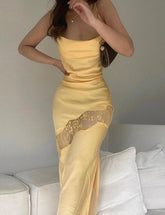 Satin Lace Stitching Strap Backless Backless Slim Slit Dress For