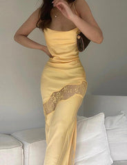 Satin Lace Stitching Strap Rückenfrei Rückenfrei Slim Schlitz Kleid Für