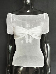 See-Through One-Shoulder Slim Navel T-Shirt