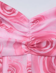 Cuello halter con tiras de madera para atar en las orejas con estampado de rosas, mangas en línea para el pecho