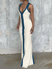 V-Ausschnitt Breite Schulterträger Kontrastfarbe Schmales Kleid