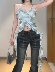 Unregelmäßiges rückenfreies kurzes Camisole mit Rüschenfransen