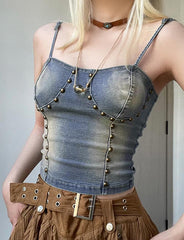Chaleco vaquero Spice Girls con tiras traseras y diseño de remaches
