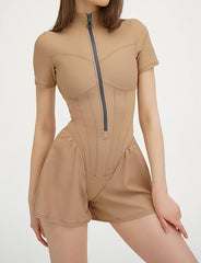 Tight Round Neck Short Sleeve Zipper Bodysuit