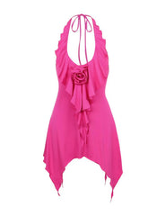 Vestido corto de verano con cuello en V y volantes de flores para