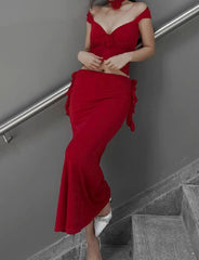 Rüschenbesatz Blumendekor Party Ball Rotes Kleid Co Ord Sets